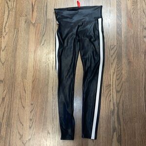 Spanx faux leather black leggings with white stripe, medium